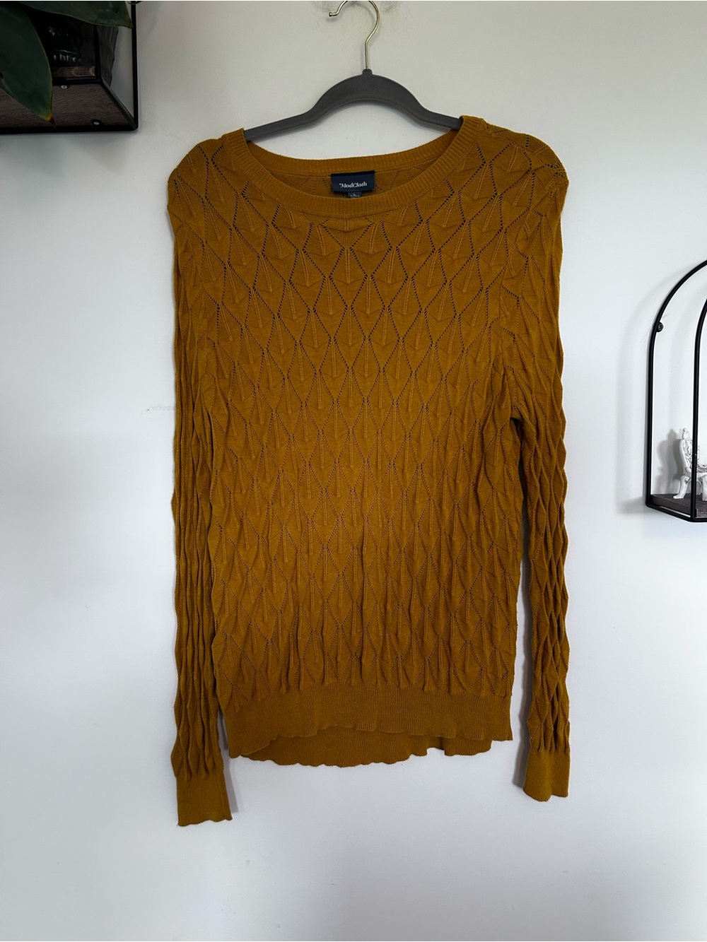 ModCloth Mustard Yellow Long Sleeve Crewneck Diamond Knit Sweater Shirt Large
